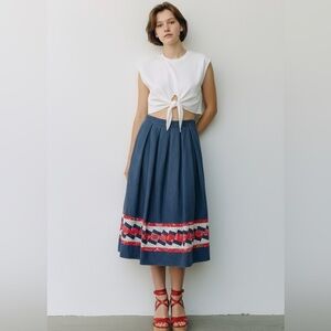 VINTAGE DENIM MAXI or MIDI SKIRT CUSTOM MADE Blue Denim Red White & Blue Border